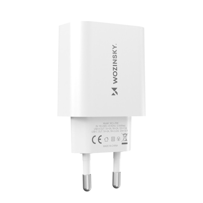 Wozinsky WLS-20W 20W USB-A USB-C Wall Charger with 1m USB-C - USB-C Cable - White