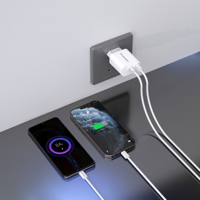 Wozinsky WLS-20W 20W USB-A USB-C Wall Charger with 1m USB-C - USB-C Cable - White