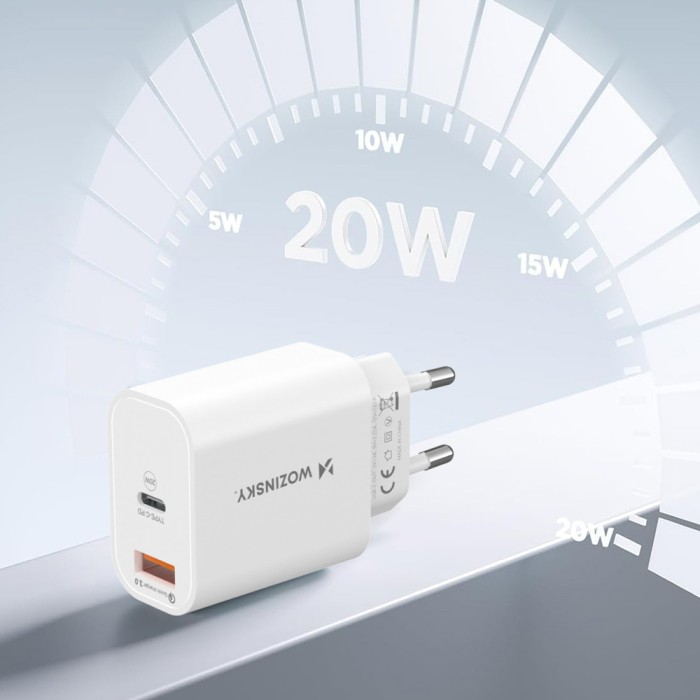 Wozinsky WLS-20W 20W USB-A USB-C Wall Charger with 1m USB-C - USB-C Cable - White