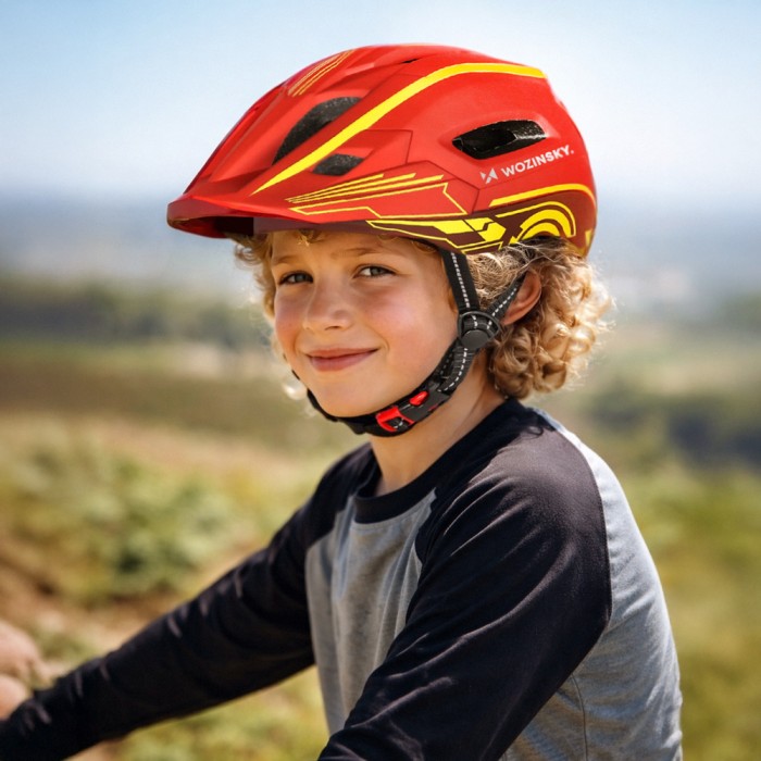 Wozinsky Kids' Full Face Bike Helmet with USB Rear Light S - Red and Yellow - OUTLET