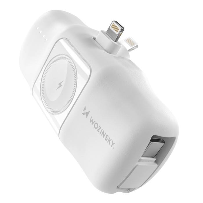 Wozinsky WF16-YLS 5000mAh 15W Lightning Mini Power Bank with Built-in USB-C Cable and Apple Watch Charger - White - OUTLET