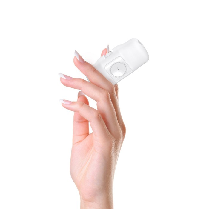 Wozinsky WF16-YLS 5000mAh 15W Lightning Mini Power Bank with Built-in USB-C Cable and Apple Watch Charger - White - OUTLET