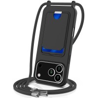 For iPhone 18 Pro / 17 Pro Case Liquid Silicone Card Holder Back Phone Cover with Lanyard - Black
