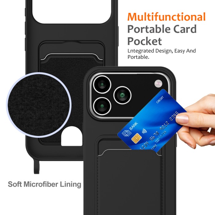 For iPhone 18 Pro Max / 17 Pro Max Case Liquid Silicone Card Holder Back Phone Cover with Lanyard - Black