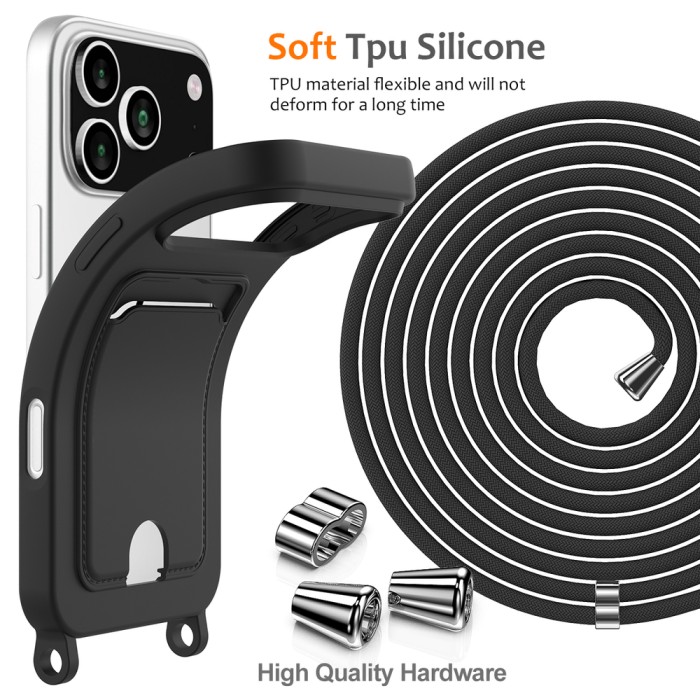 For iPhone 18 Pro Max / 17 Pro Max Case Liquid Silicone Card Holder Back Phone Cover with Lanyard - Black