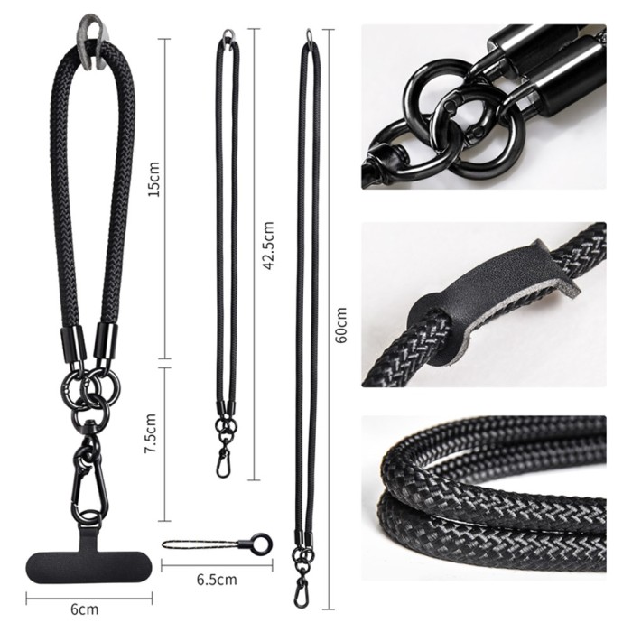 Neck and shoulder phone lanyard 120 cm with metal buckle - black