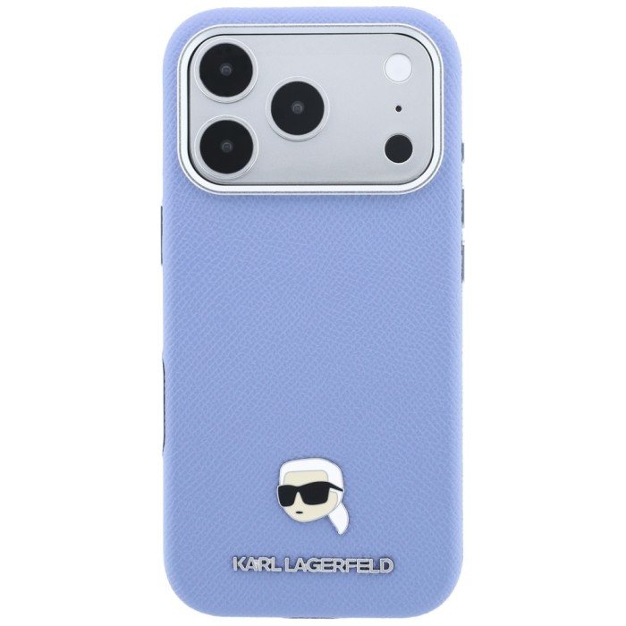 Karl Lagerfeld Grained Karl Head Metal MagSafe Case for iPhone 18 Pro / 17 Pro - Light Blue