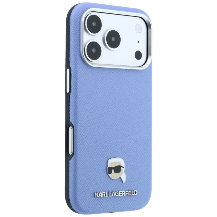 Karl Lagerfeld Grained Karl Head Metal MagSafe Case for iPhone 18 Pro / 17 Pro - Light Blue