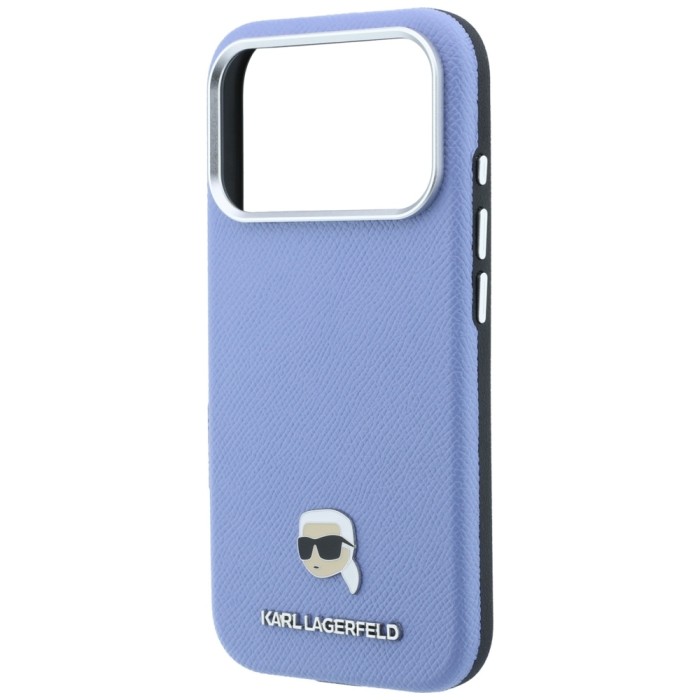 Karl Lagerfeld Grained Karl Head Metal MagSafe Case for iPhone 18 Pro / 17 Pro - Light Blue