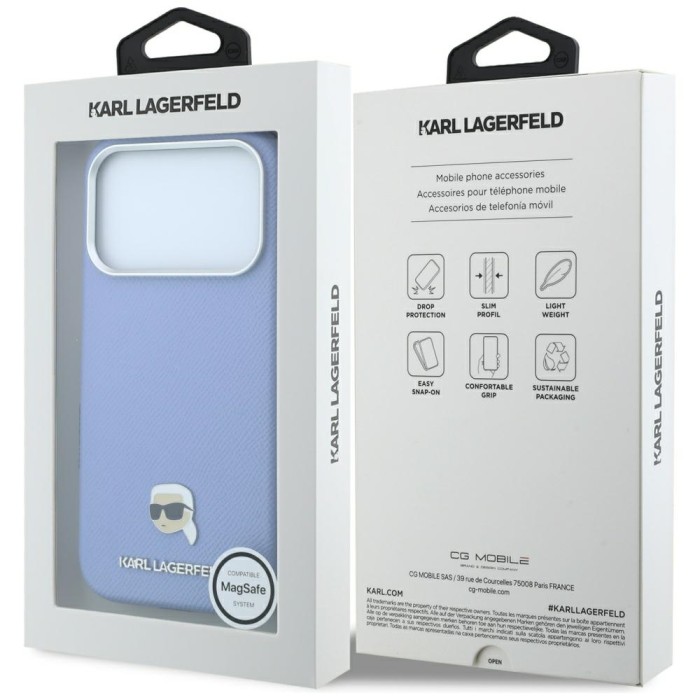 Karl Lagerfeld Grained Karl Head Metal MagSafe Case for iPhone 18 Pro / 17 Pro - Light Blue