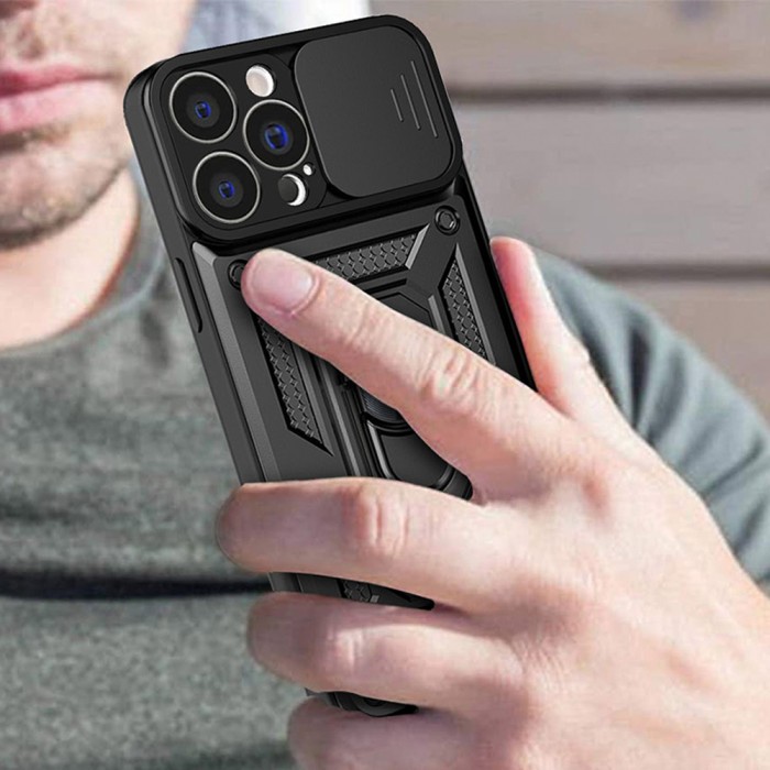 Hybrid Armor Camshield case for iPhone 13 armored case with camera cover blue