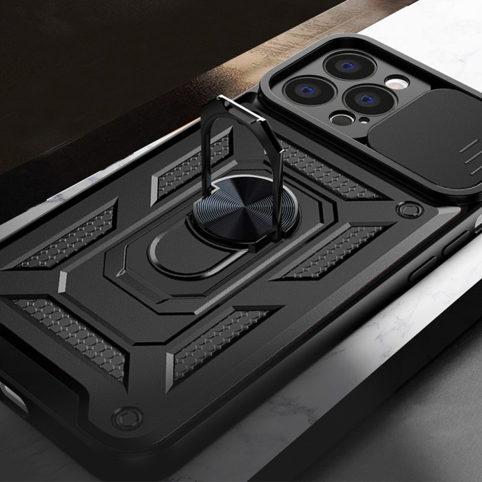 Hybrid Armor Camshield case for iPhone 13 armored case with camera cover blue