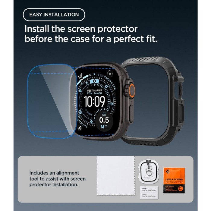 Spigen Lock Fit case + Spigen Tempered Glass screen protector set for Apple Watch Ultra (49 mm) - matte black