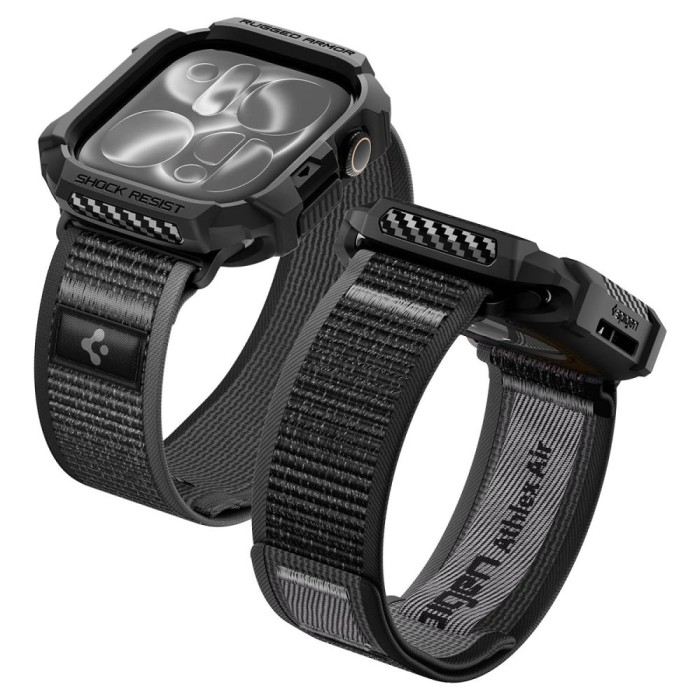Spigen Rugged Armor case + Spigen Athlex Air band set for Apple Watch (46 mm) - black-grey