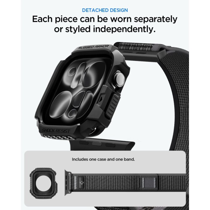 Spigen Rugged Armor case + Spigen Athlex Air band set for Apple Watch (46 mm) - black-grey