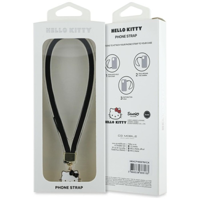 Hello Kitty Nylon Cord Kitty Head Phone Charm - Black
