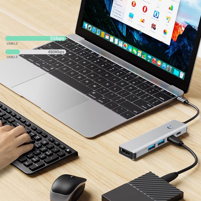 Tech-Protect HB01 HUB Adapter 5in1 USB-C + USB3.0 + HDMI 4K 60Hz + PD100W - gray