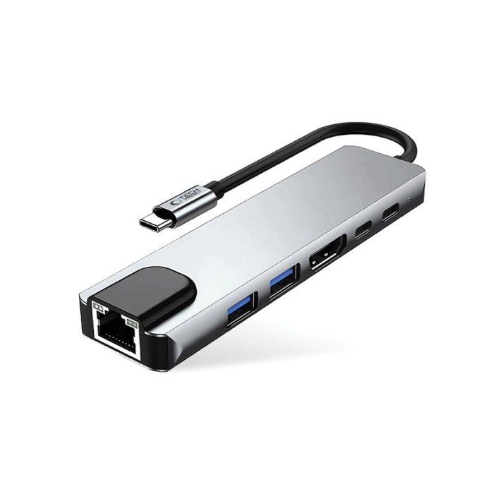 Tech-Protect HB02 HUB Adapter 6in1 USB-C + USB2.0 + USB3.0 + HDMI 4K 30Hz + RJ45 + PD100W - gray