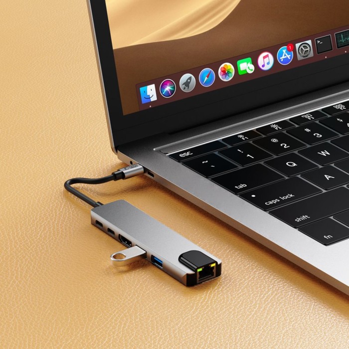 Tech-Protect HB02 HUB Adapter 6in1 USB-C + USB2.0 + USB3.0 + HDMI 4K 30Hz + RJ45 + PD100W - gray