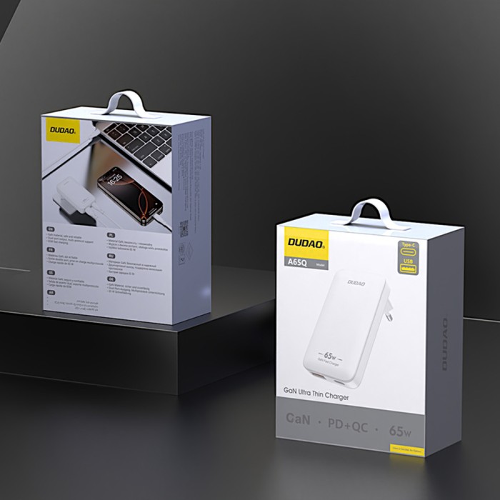 Dudao A65Q 65W GaN Travel Wall Charger USB-A / USB-C PD Ultra-Thin EU / US - White