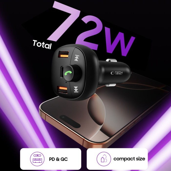 Tech-Protect CC06 3-port PD72W car charger with transmitter - black