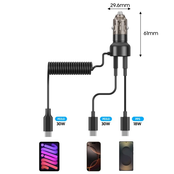 CC05 Car Charger 2-Port PD60 W + USB-C Cable - Black