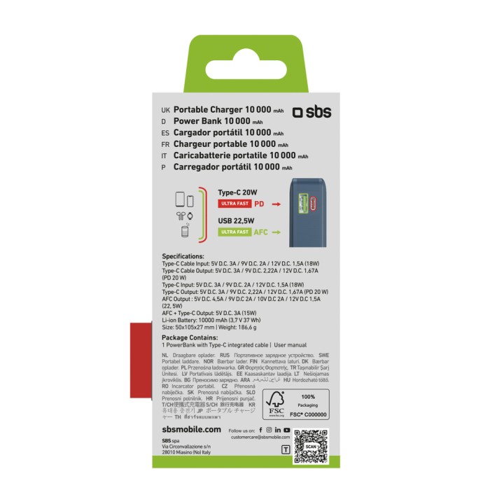 Powerbank SBS 10000 mAh 20W with built-in USB-C cable and digital display - dark gray
