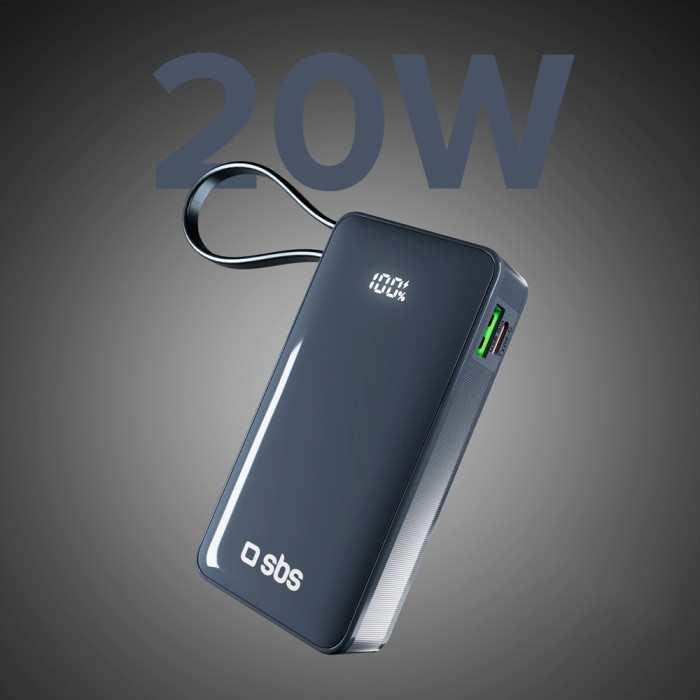 Powerbank SBS 10000 mAh 20W with built-in USB-C cable and digital display - dark gray