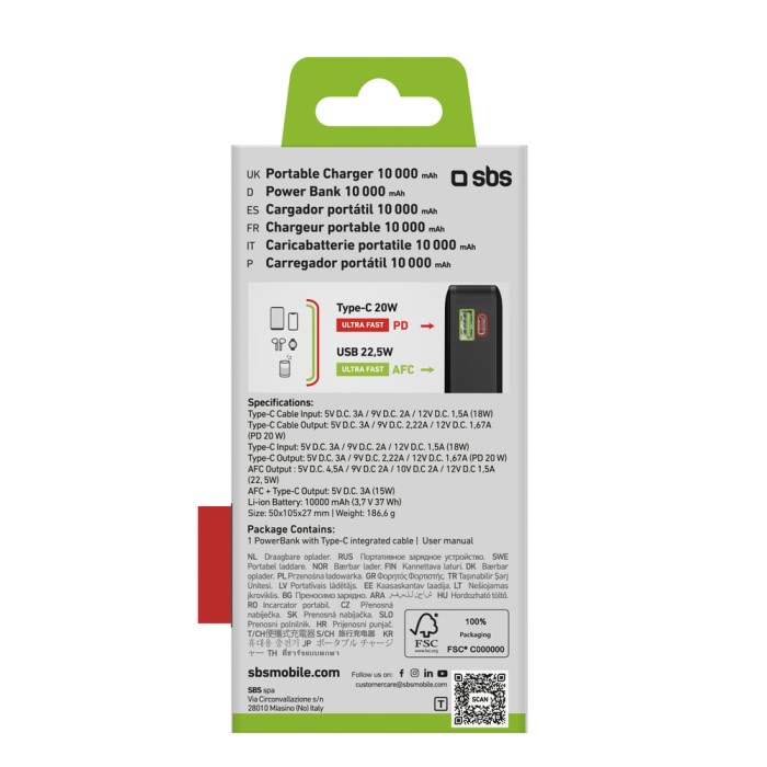 Powerbank SBS 20000 mAh 20W with built-in USB-C cable and digital display - black