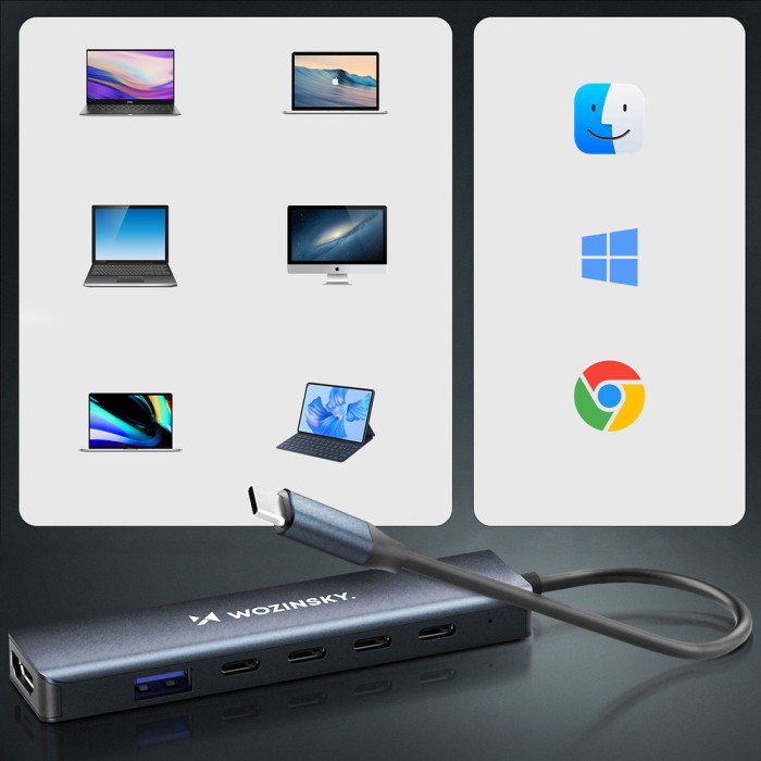 USB-C 6 in 1 Hub Wozinsky WHBC10Y4S Multifunctional, Aluminum, with 25 cm Cable - Gray