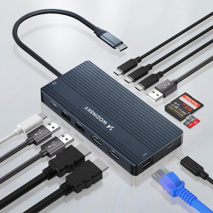 USB-C Hub 14 in 1 Wozinsky WDS03Y5S Multifunctional, Aluminum, for 3 Monitors, with 15 cm Cable - Gray