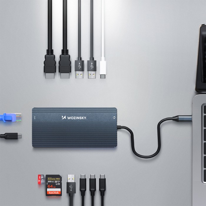 USB-C Hub 14 in 1 Wozinsky WDS03Y5S Multifunctional, Aluminum, for 3 Monitors, with 15 cm Cable - Gray