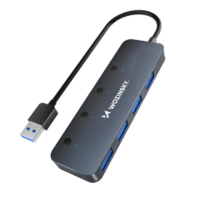 Wozinsky WHS080YSS 4x USB-A 3.0 Hub with Individual Switches, Aluminum, with 15 cm USB-A Cable - Gray