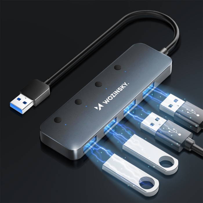 Wozinsky WHS080YSS 4x USB-A 3.0 Hub with Individual Switches, Aluminum, with 15 cm USB-A Cable - Gray