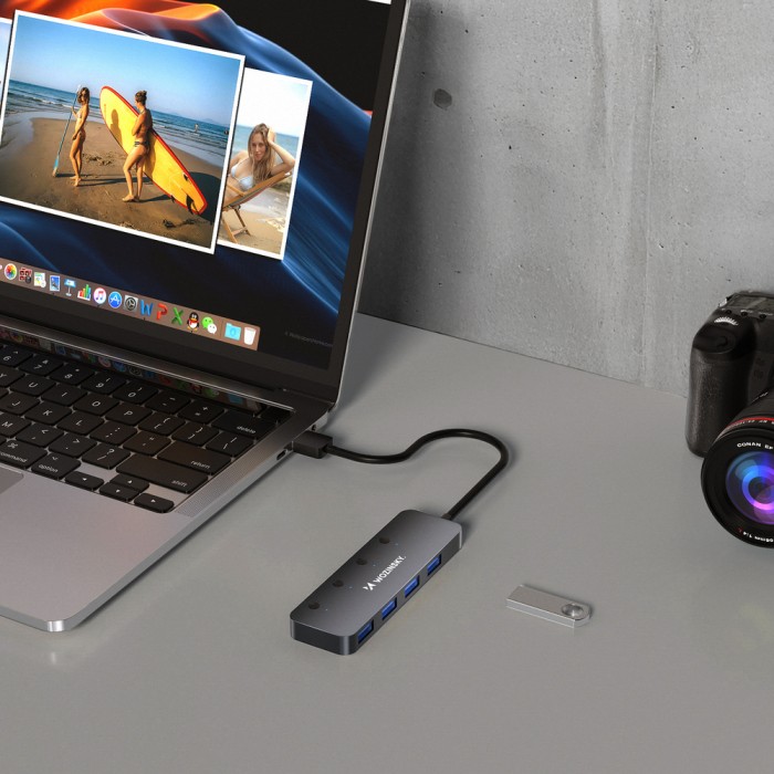 Wozinsky WHS080YSS 4x USB-A 3.0 Hub with Individual Switches, Aluminum, with 15 cm USB-A Cable - Gray