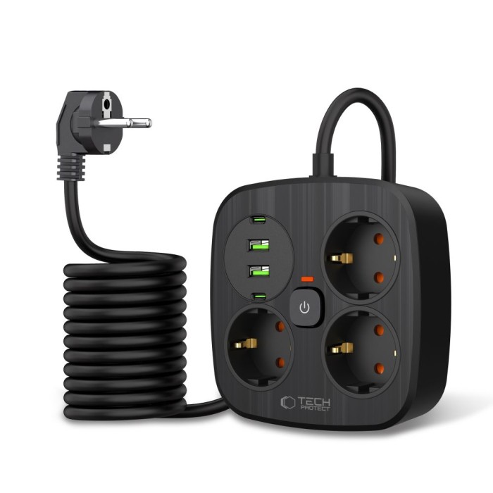 Tech-Protect PCS3X4 power strip, 3 sockets, 2xUSB-A, 2xUSB-C 200 cm - black