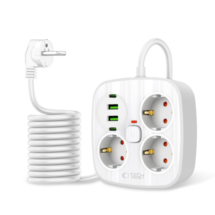 Tech-Protect PCS3X4 power strip, 3 sockets, 2xUSB-A, 2xUSB-C 200 cm - white