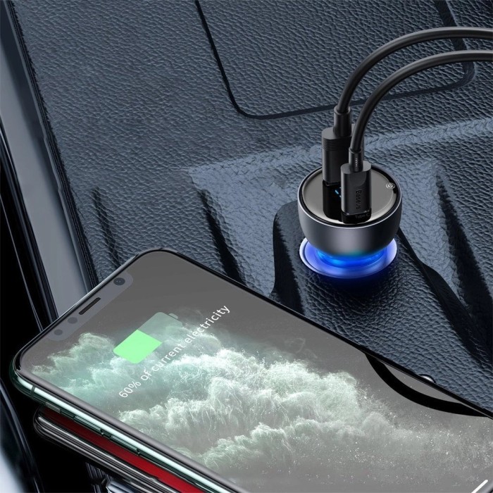 Baseus USB / USB Type C car charger 65 W 5 A SCP Quick Charge 4.0+ Power Delivery 3.0 LCD screen + USB Type C - USB Type C cable gray (TZCCKX-0G)