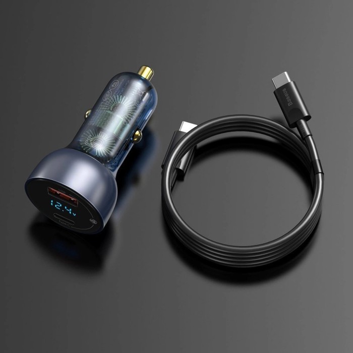 Baseus USB / USB Type C car charger 65 W 5 A SCP Quick Charge 4.0+ Power Delivery 3.0 LCD screen + USB Type C - USB Type C cable gray (TZCCKX-0G)