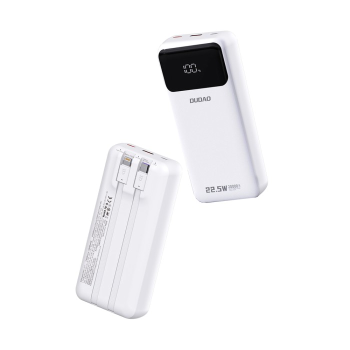 Dudao K15Pro Power Bank 20000mAh 22.5W PD USB-C / USB-A / Built-in Lightning and USB-C Cables - White