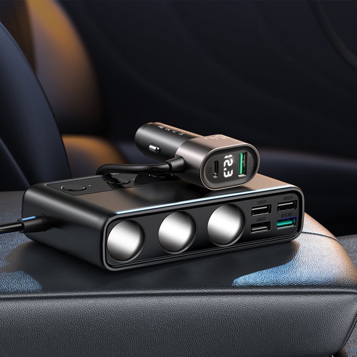 Joyroom JR-CL06 9in1 car charger 154W 5x USB-A / USB-C / 3x cigarette lighter socket PD QC PPS - black