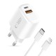 Tech-Protect NCA20 PD 20W QC3.0 USB-A / USB-C Wall Charger + USB-C / Lightning Cable 100cm - White