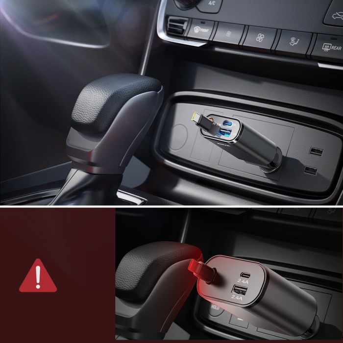 Joyroom JR-CCL07 3-in-1 Car Charger with Built-in Retractable Cable - Dark Gray