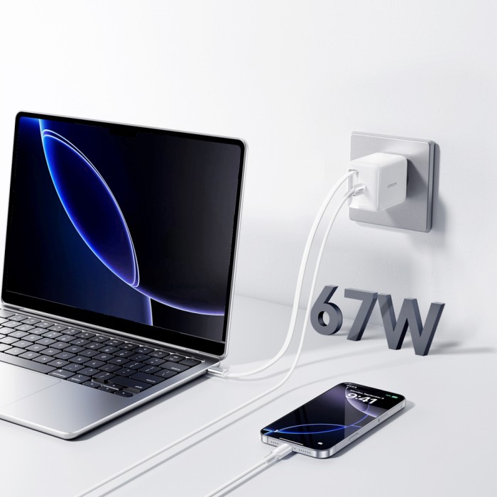 Joyroom JR-TCL06 67W GaN Wall Charger with Built-in Retractable USB-C Cable - White