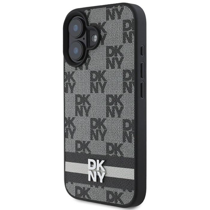 DKNY Checkered Pattern &amp;amp; Printed Stripes iPhone 16 Case - Black