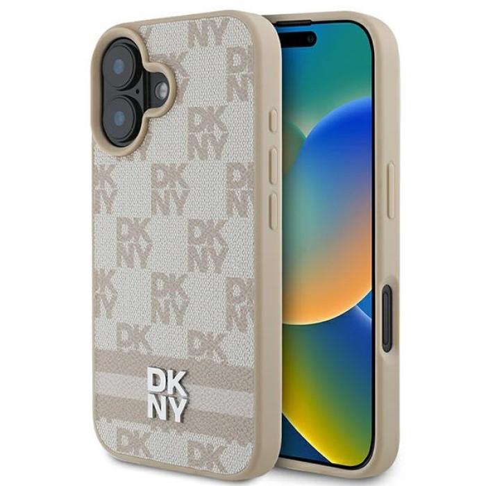 DKNY Checkered Pattern &amp;amp; Printed Stripes iPhone 16 Case - Pink