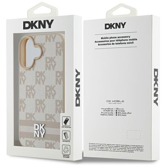 DKNY Checkered Pattern &amp;amp; Printed Stripes iPhone 16 Case - Pink