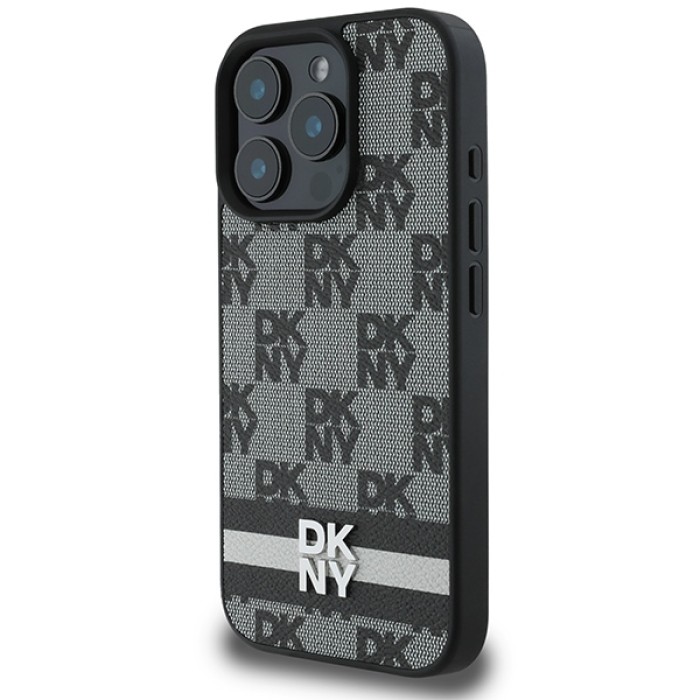 DKNY Checkered Pattern &amp;amp; Printed Stripes Case for iPhone 16 Pro Max - Black