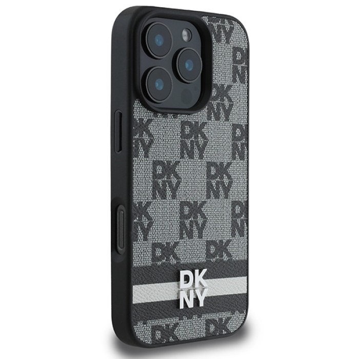 DKNY Checkered Pattern &amp;amp; Printed Stripes Case for iPhone 16 Pro Max - Black