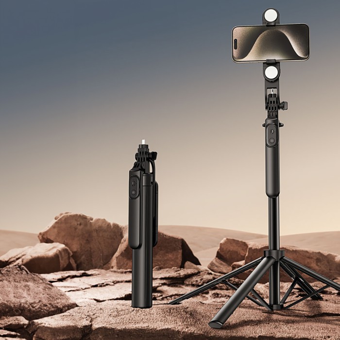 Selfie stick WH181D-Y1S 1.75m aluminum alloy telescopic tripod with dual lamp and phone holder - black